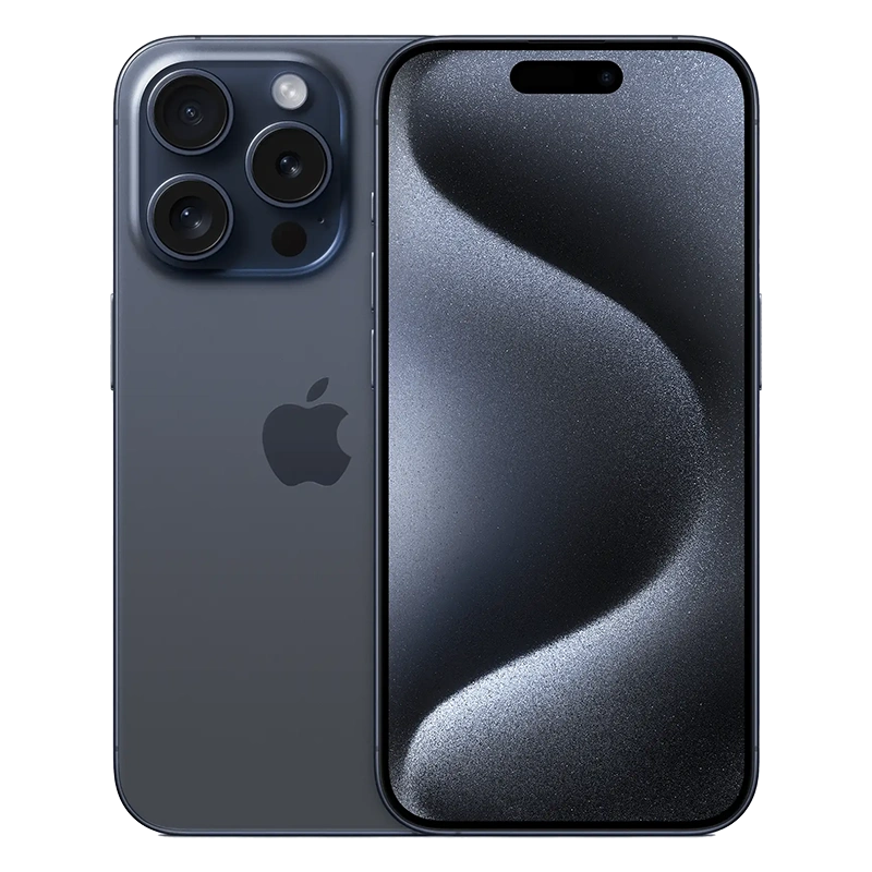 Celular iPhone 15 pro Max azul titanio vista frontal y trasera