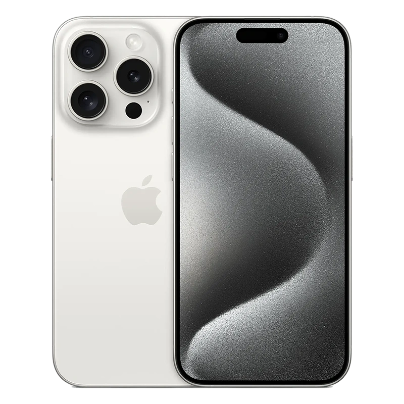 Celular iPhone 15 pro Max blanco titanio vista frontal y trasera