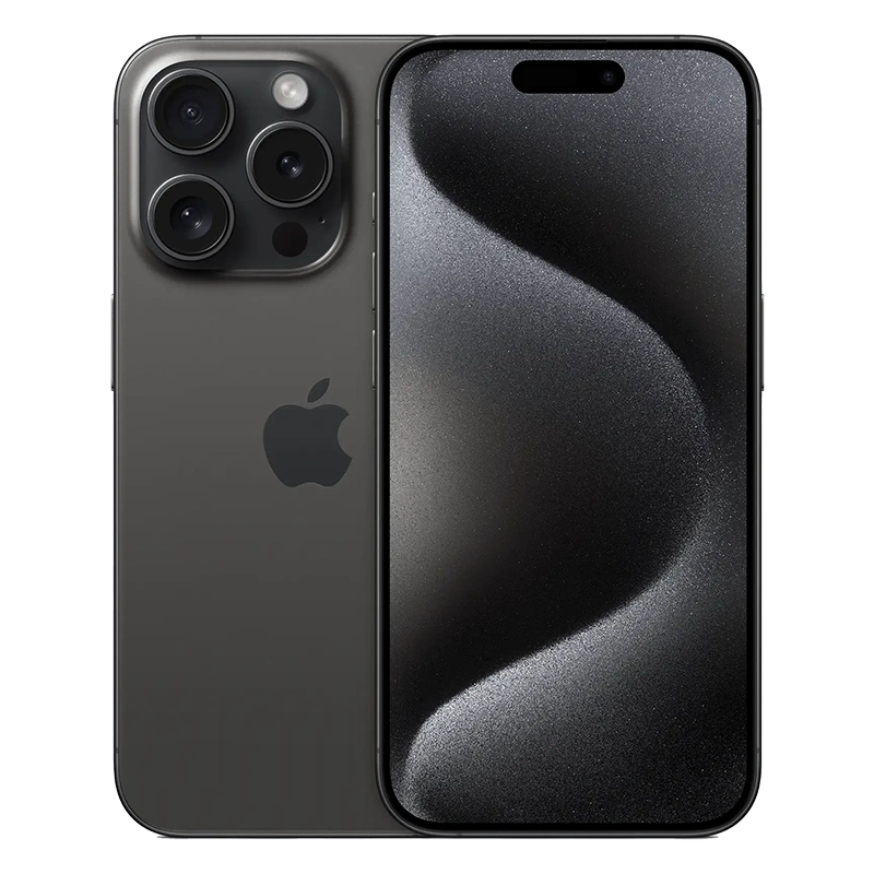 Celular iPhone 15 pro Max negro titanio vista frontal y trasera