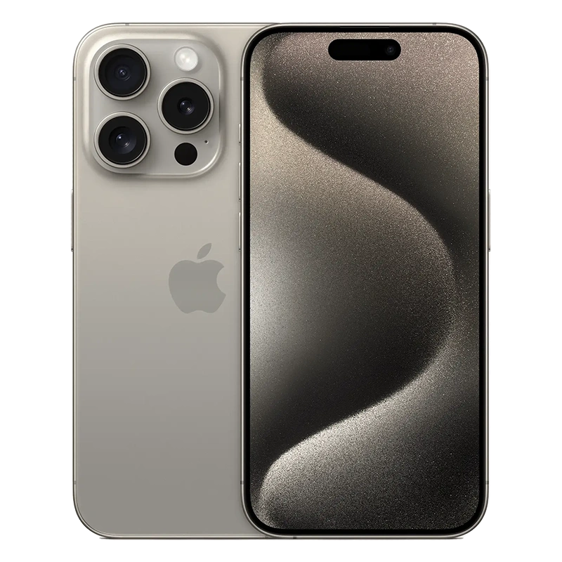 Celular iPhone 15 pro max titanio natural vista frontal y trasera